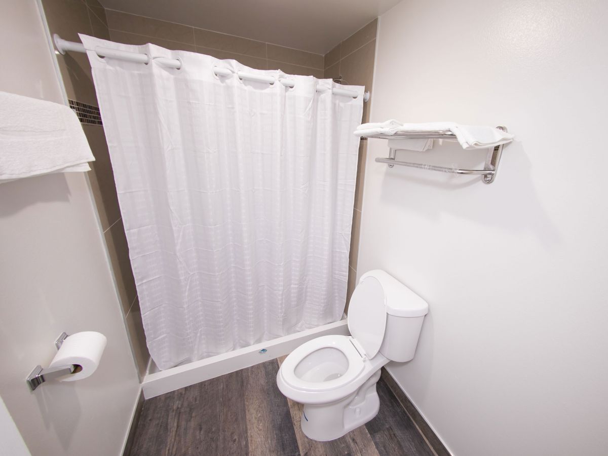 The image shows a bathroom with a toilet, a shower with a white curtain, a towel rack with towels, and a roll of toilet paper on the holder.